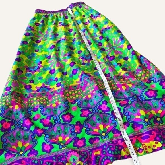 Vintage 70s Alex Colman Psychedelic Floral Maxi Wrap Skirt Neon Boho Small - Picture 14 of 16